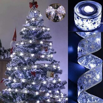 Eliladis Christmas Tree Decorations Silver Ribbon String Lights